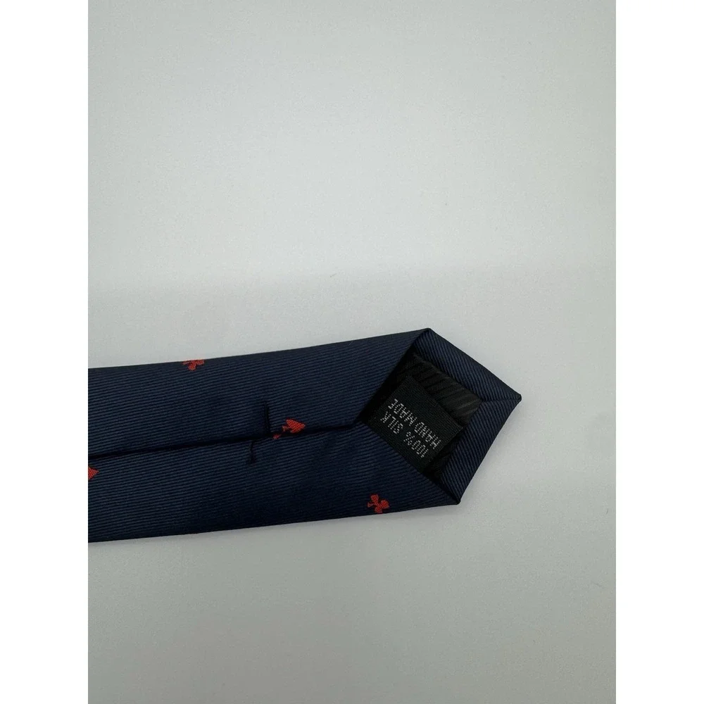 Navy Blue Silk Tie Red Playing Cards Hearts Spades Diamonds Clubs Novelty Mens